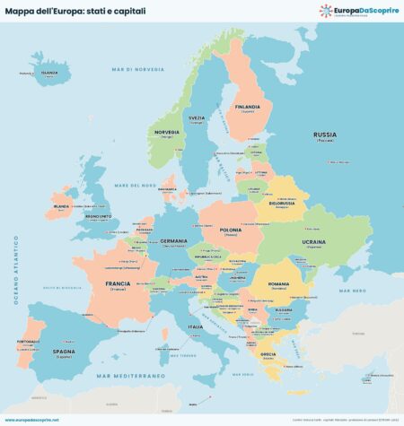 Mappa dell'Europa con gli stati e le capitali