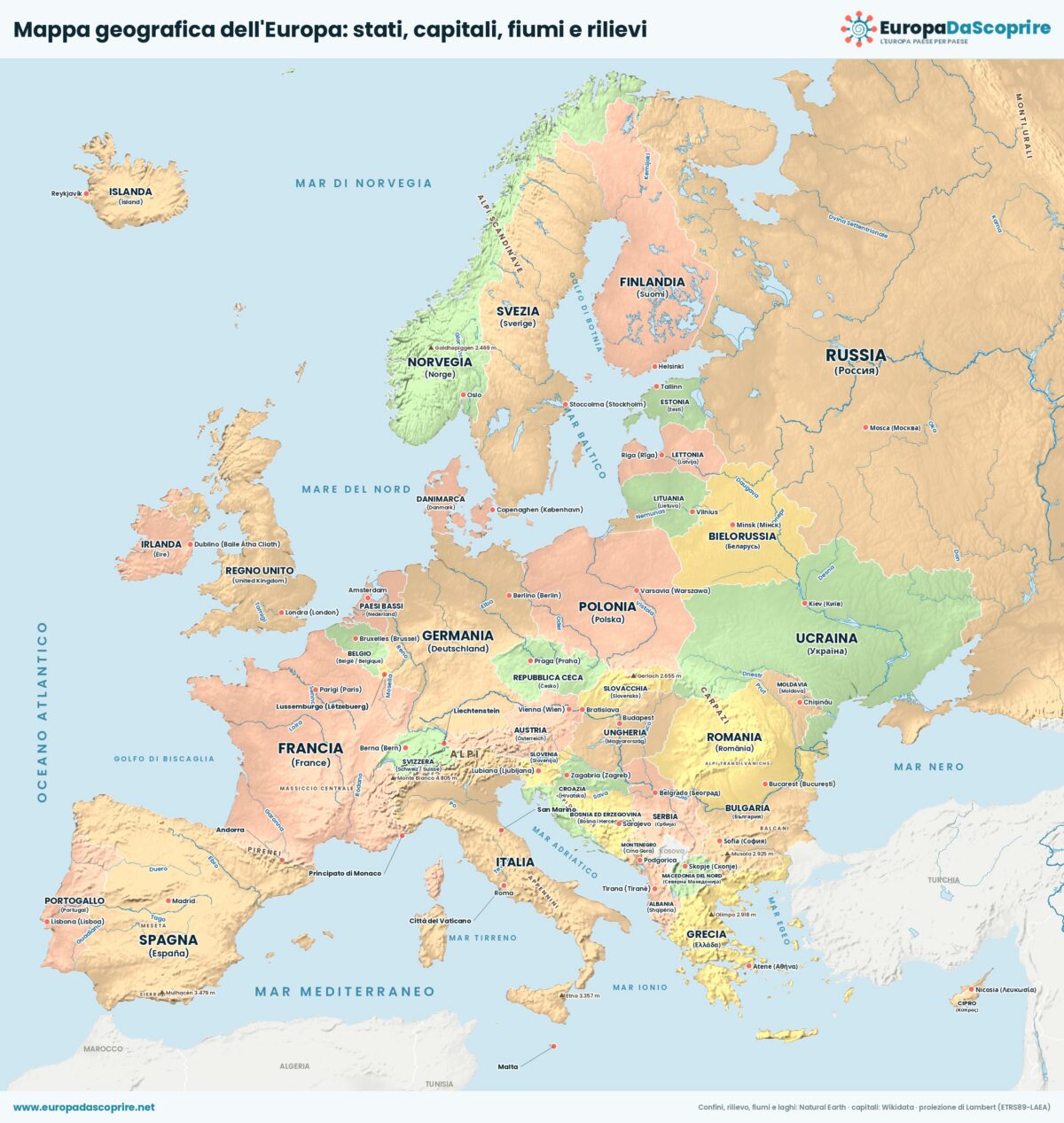 Mappa geografica dell'Europa con stati, capitali, fiumi, laghi, catene montuose e rilievi