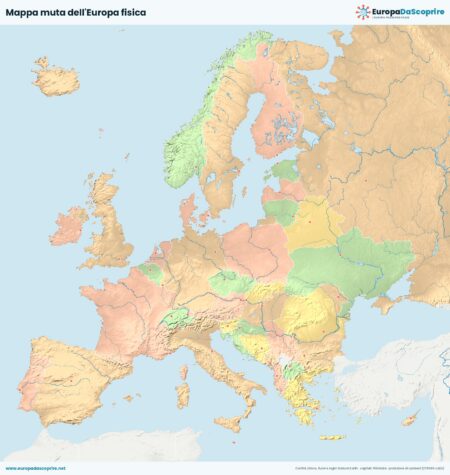 Mappa muta dell'Europa fisica con rilievi, fiumi e laghi, senza nomi, da stampare