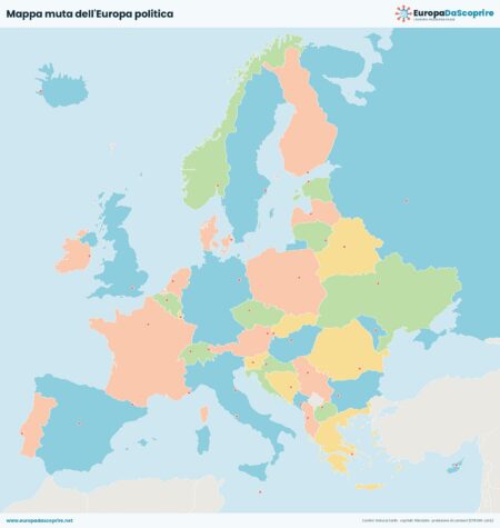 Mappa muta dell'Europa politica: confini degli stati e capitali senza nomi, da stampare