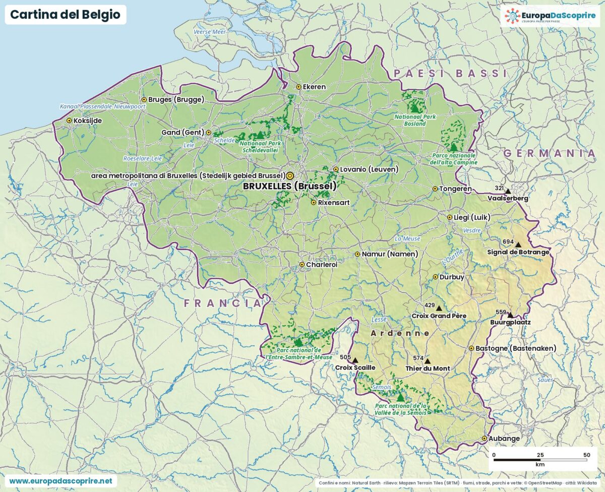 Cartina del Belgio con città, capitale, fiumi, laghi e rilievi