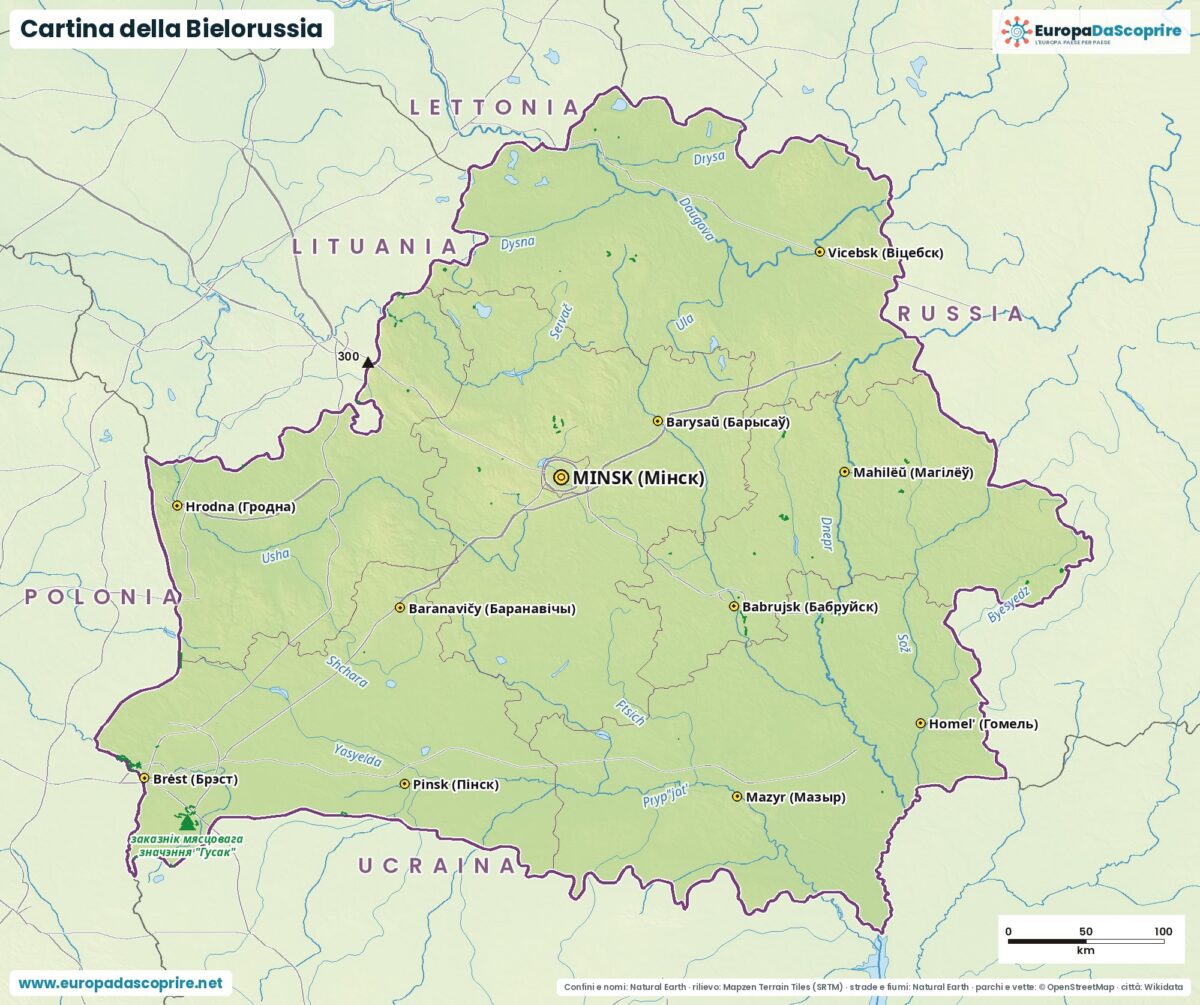 Cartina della Bielorussia con città, capitale, fiumi, laghi e rilievi