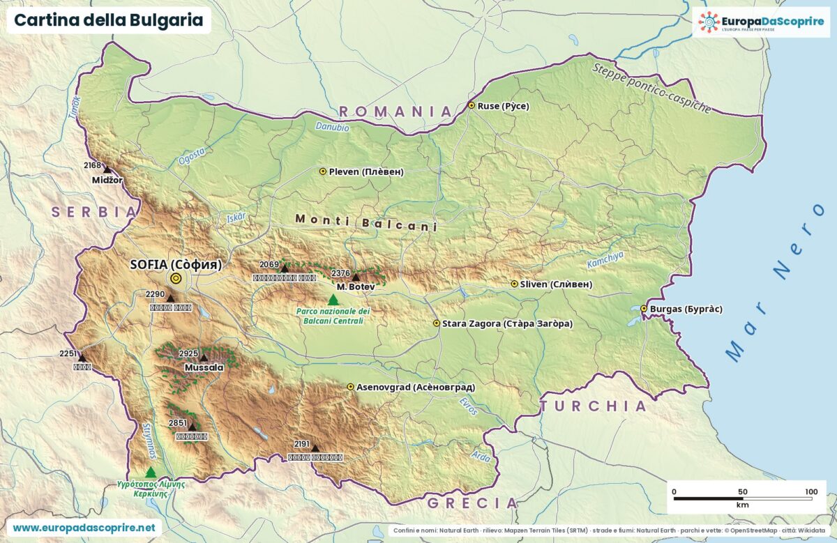 Cartina della Bulgaria con città, capitale, fiumi, laghi e rilievi