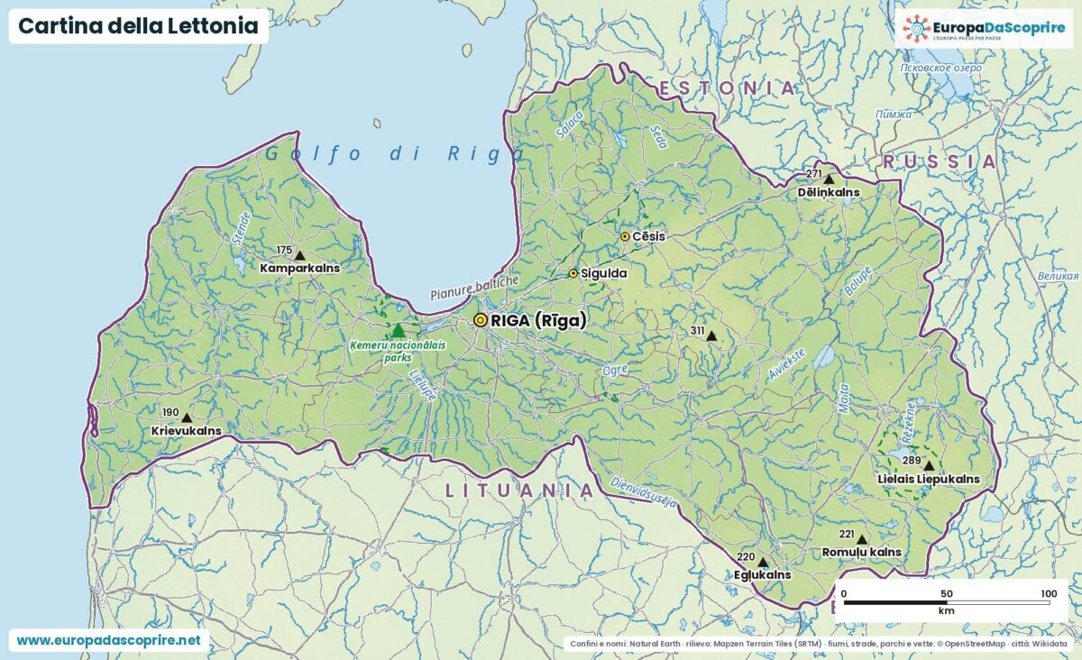 Cartina della Lettonia con città, capitale, fiumi, laghi e rilievi