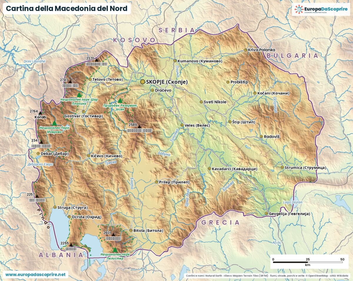 Cartina della Macedonia del Nord con città, capitale, fiumi, laghi e rilievi