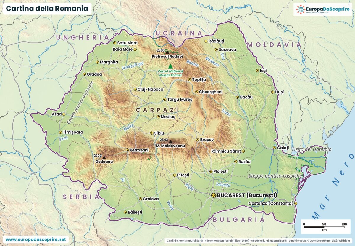 Cartina della Romania con città, capitale, fiumi, laghi e rilievi