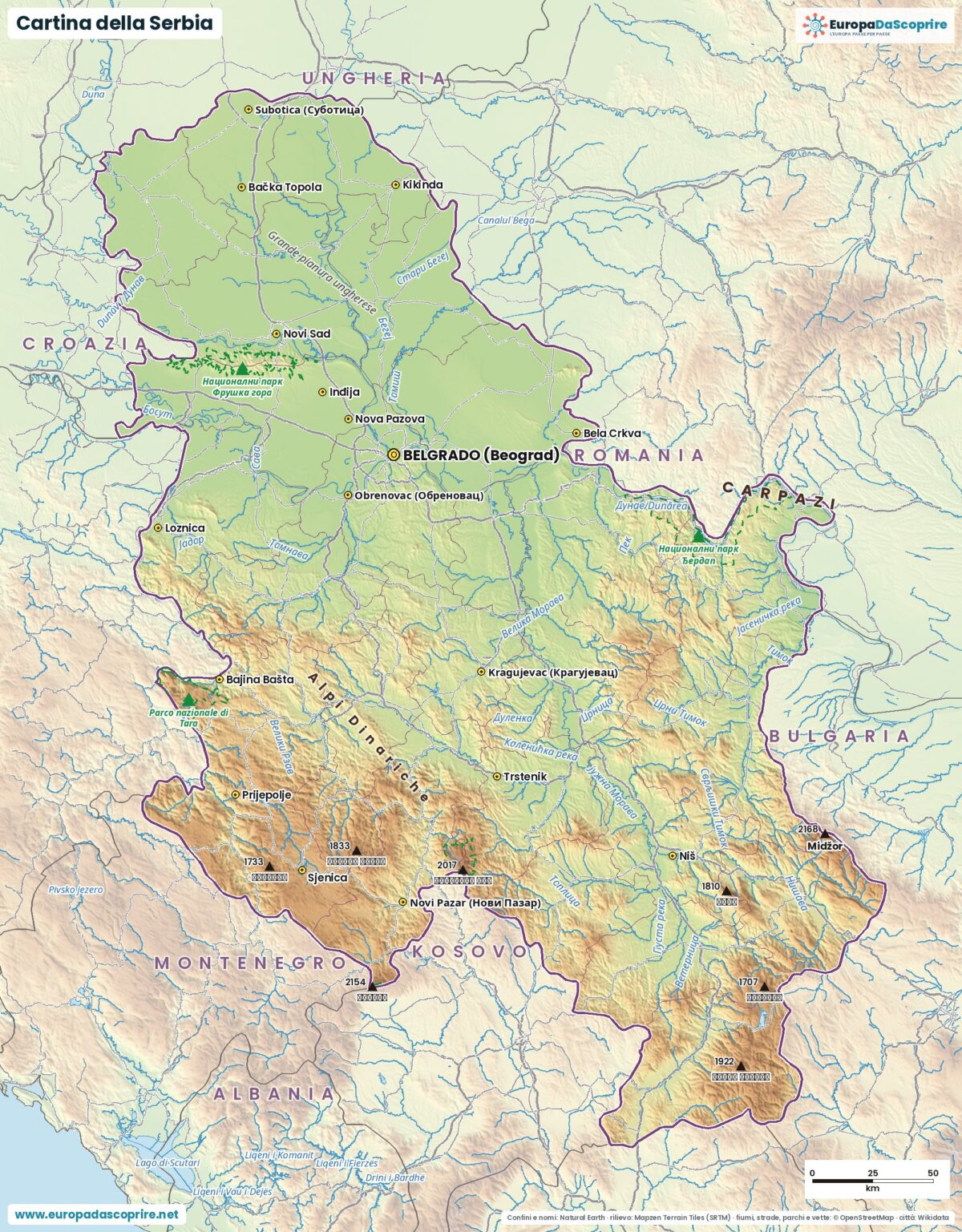 Cartina della Serbia con città, capitale, fiumi, laghi e rilievi