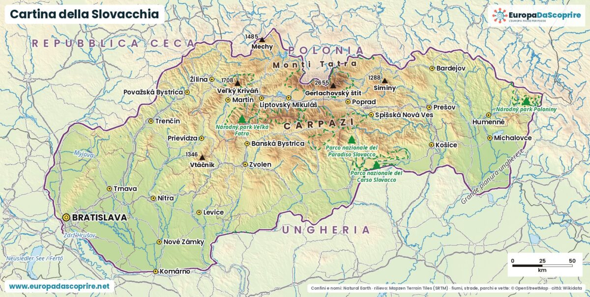 Cartina della Slovacchia con città, capitale, fiumi, laghi e rilievi