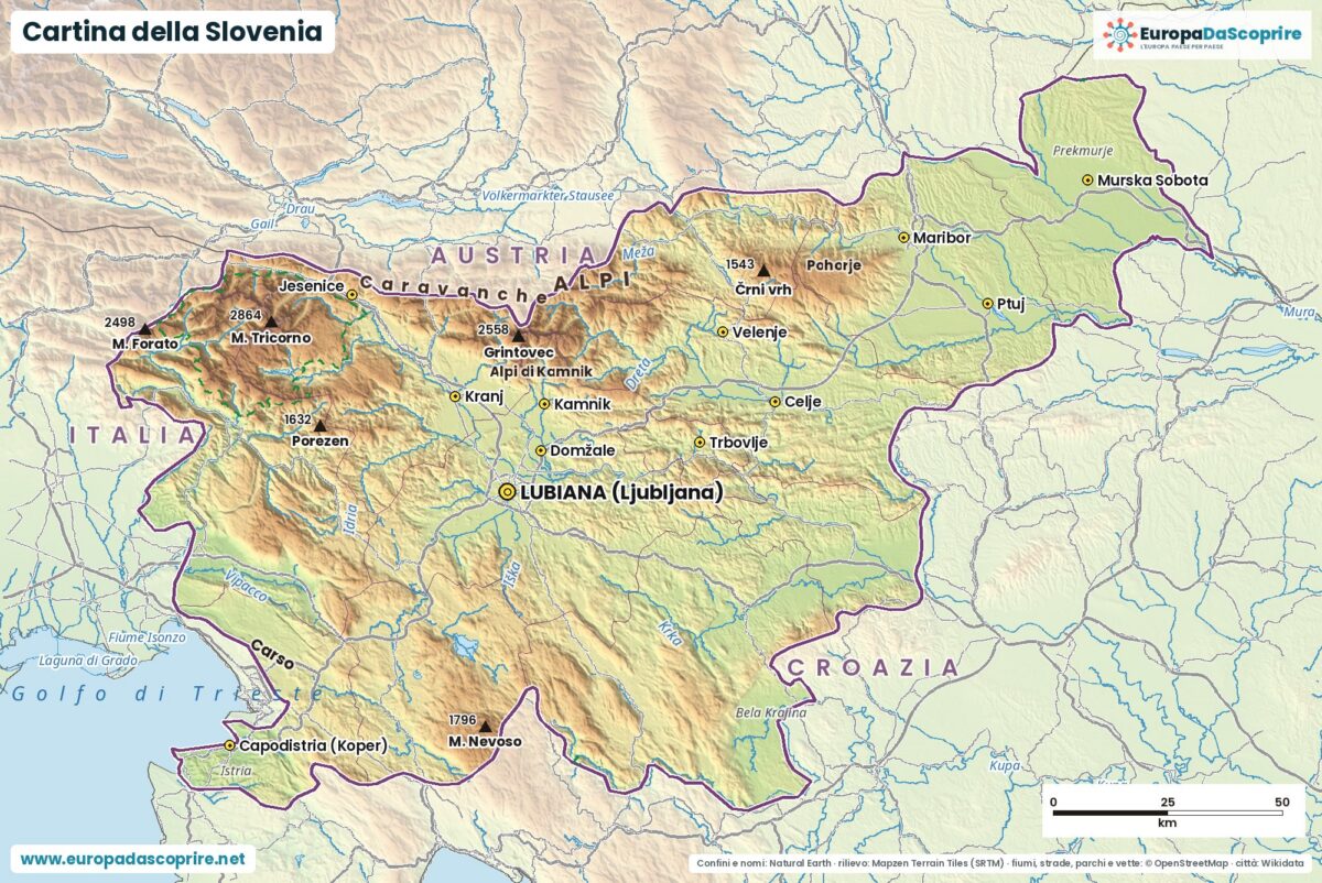 Cartina della Slovenia con città, capitale, fiumi, laghi e rilievi