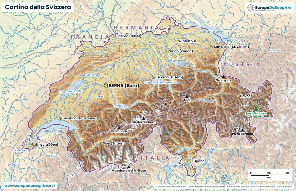 Cartina della Svizzera con città, capitale, fiumi, laghi e rilievi