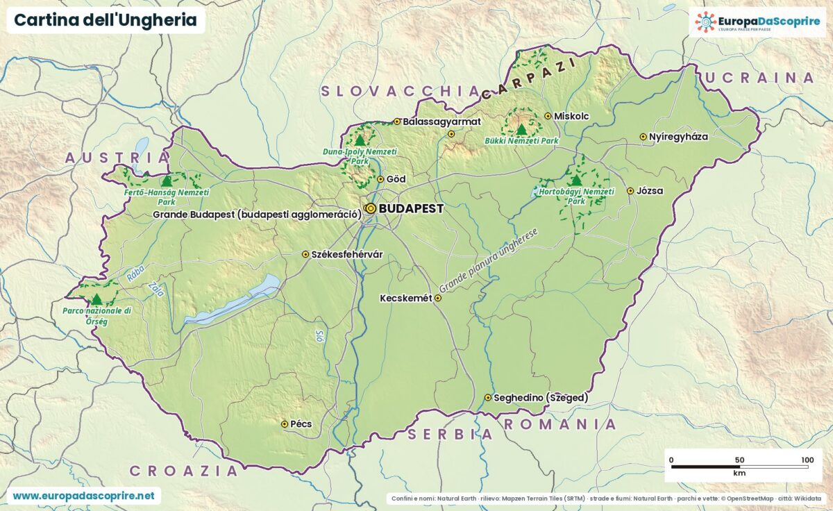 Cartina dell'Ungheria con città, capitale, fiumi, laghi e rilievi