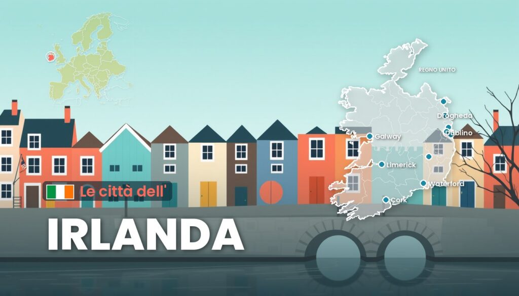 Le città dell'Irlanda: illustrazione con la cartina