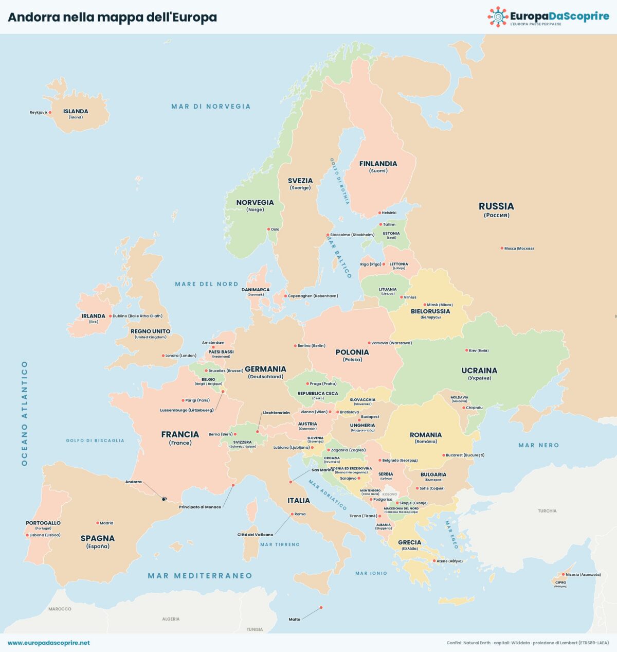 Andorra nella mappa politica dell'Europa: posizione, confini e stati vicini con le capitali