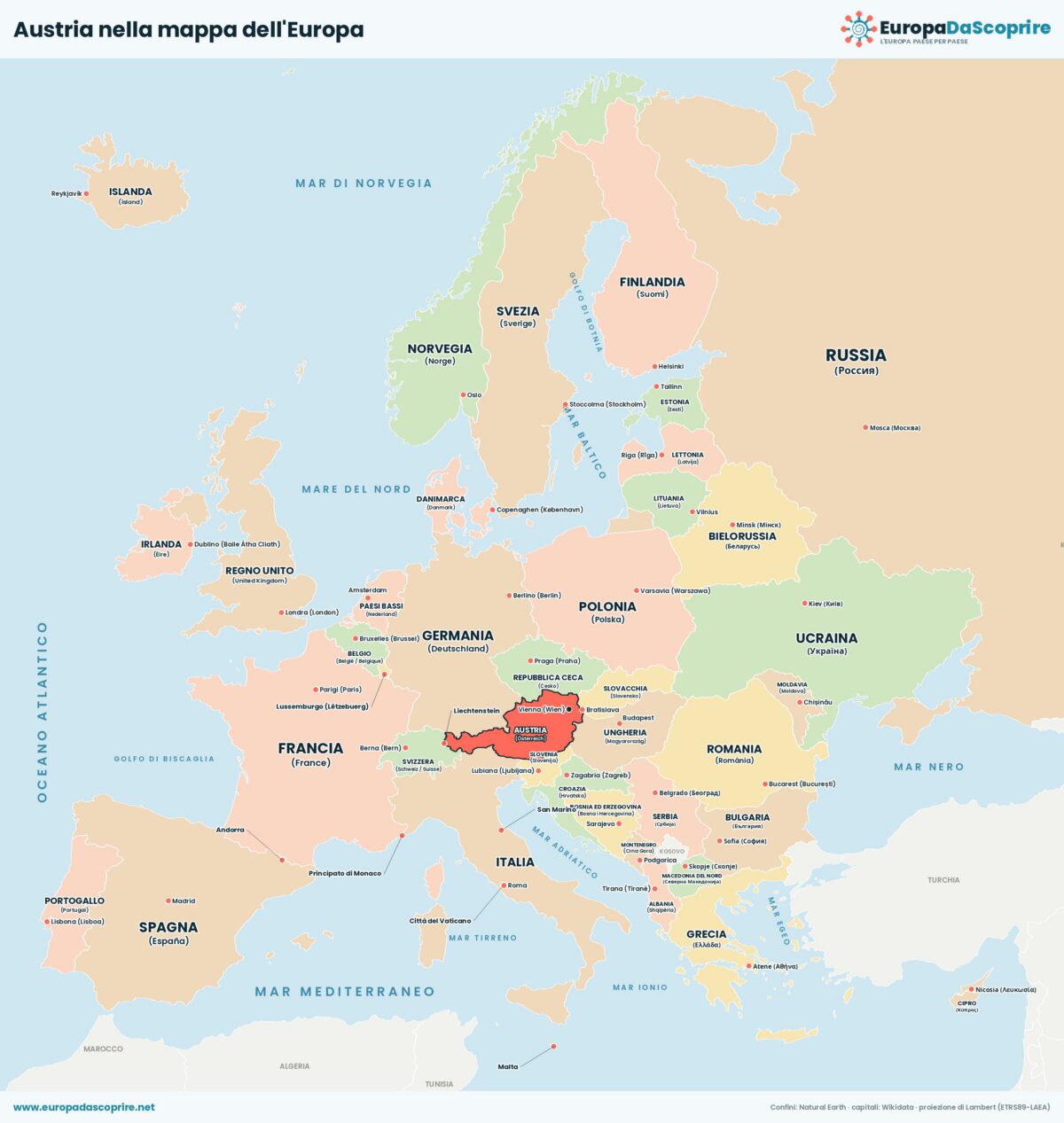 L'Austria nella mappa politica dell'Europa: posizione, confini e stati vicini con le capitali