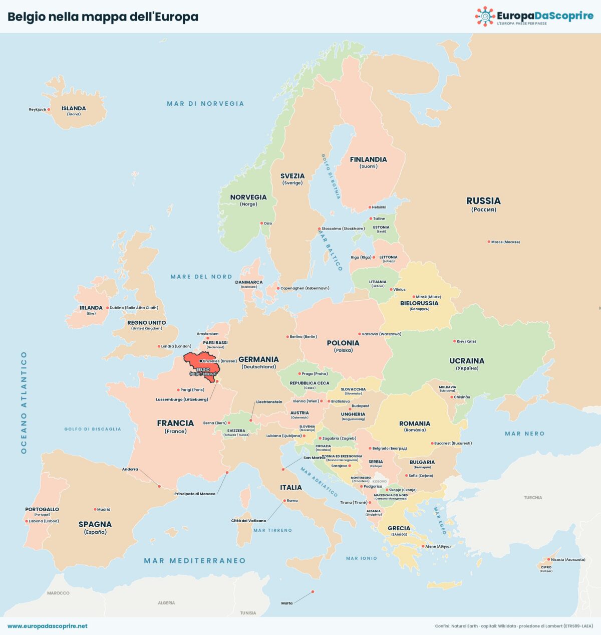 Belgio nella mappa politica dell'Europa: posizione, confini e stati vicini con le capitali