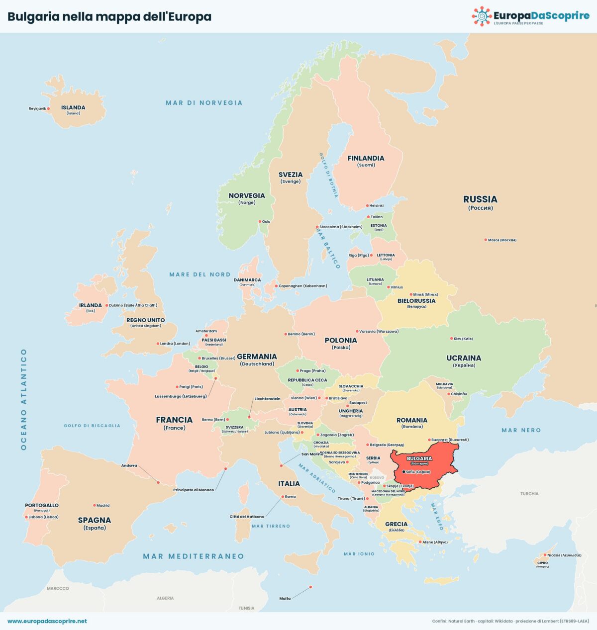 Bulgaria nella mappa politica dell'Europa: posizione, confini e stati vicini con le capitali