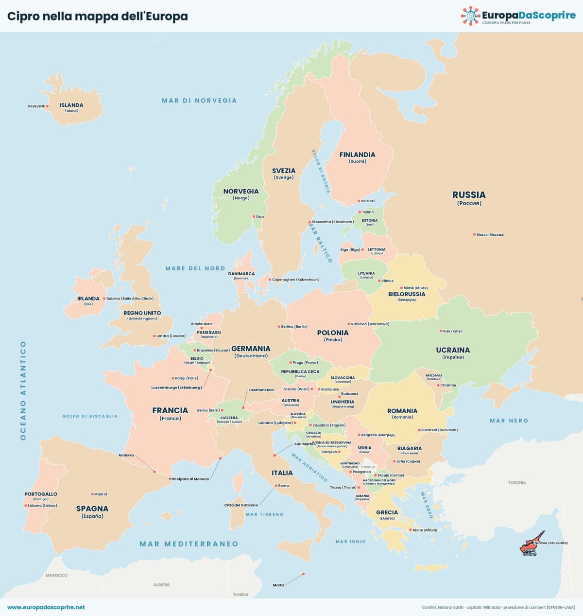 Cipro nella mappa politica dell'Europa: posizione, confini e stati vicini con le capitali