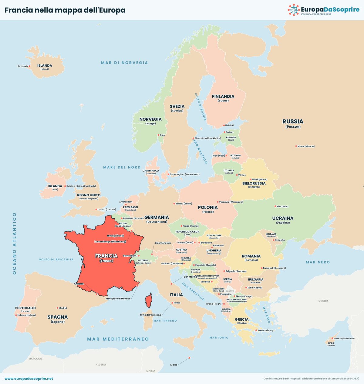 Francia nella mappa politica dell'Europa: posizione, confini e stati vicini con le capitali