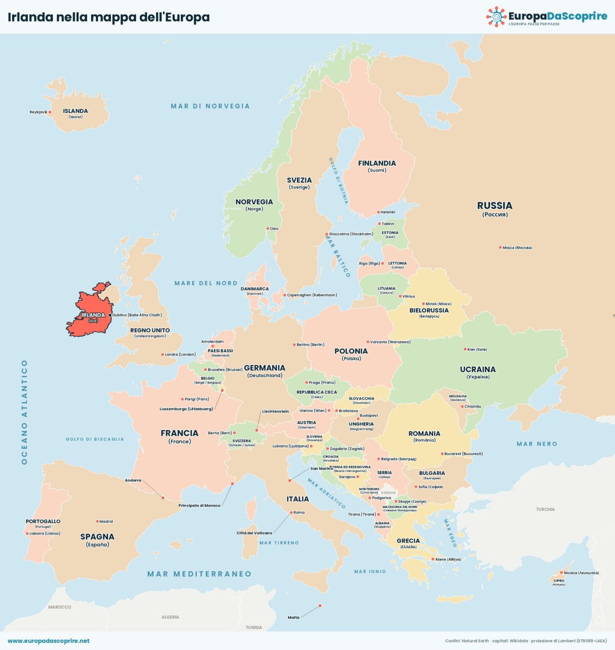 Irlanda nella mappa politica dell'Europa: posizione, confini e stati vicini con le capitali