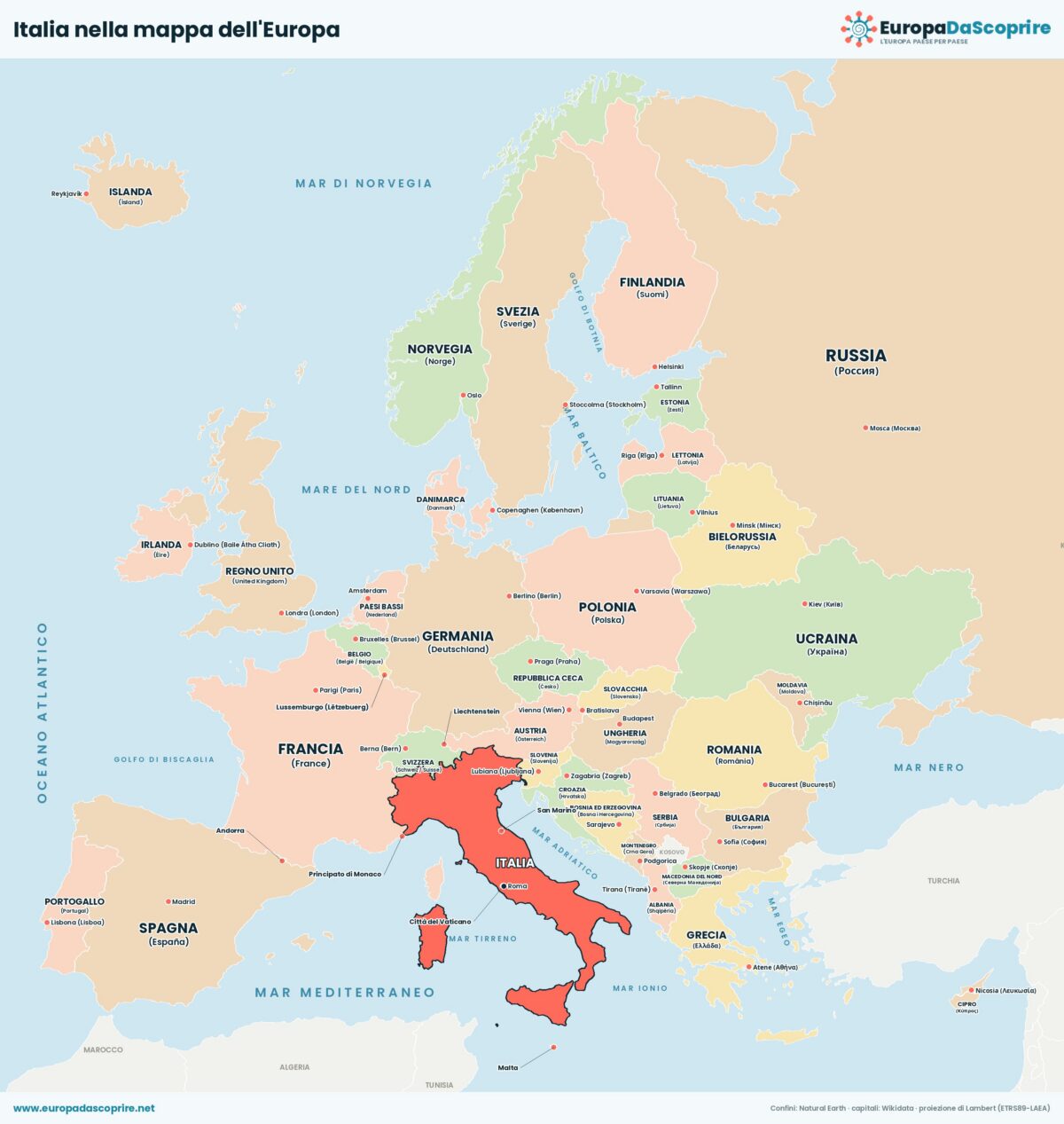 Italia nella mappa politica dell'Europa: posizione, confini e stati vicini con le capitali