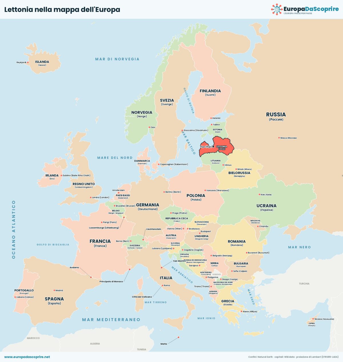 Lettonia nella mappa politica dell'Europa: posizione, confini e stati vicini con le capitali