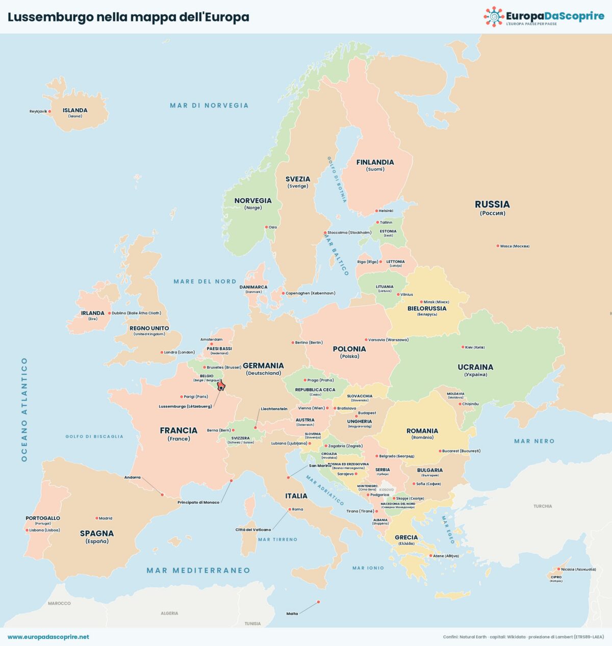 Lussemburgo nella mappa politica dell'Europa: posizione, confini e stati vicini con le capitali