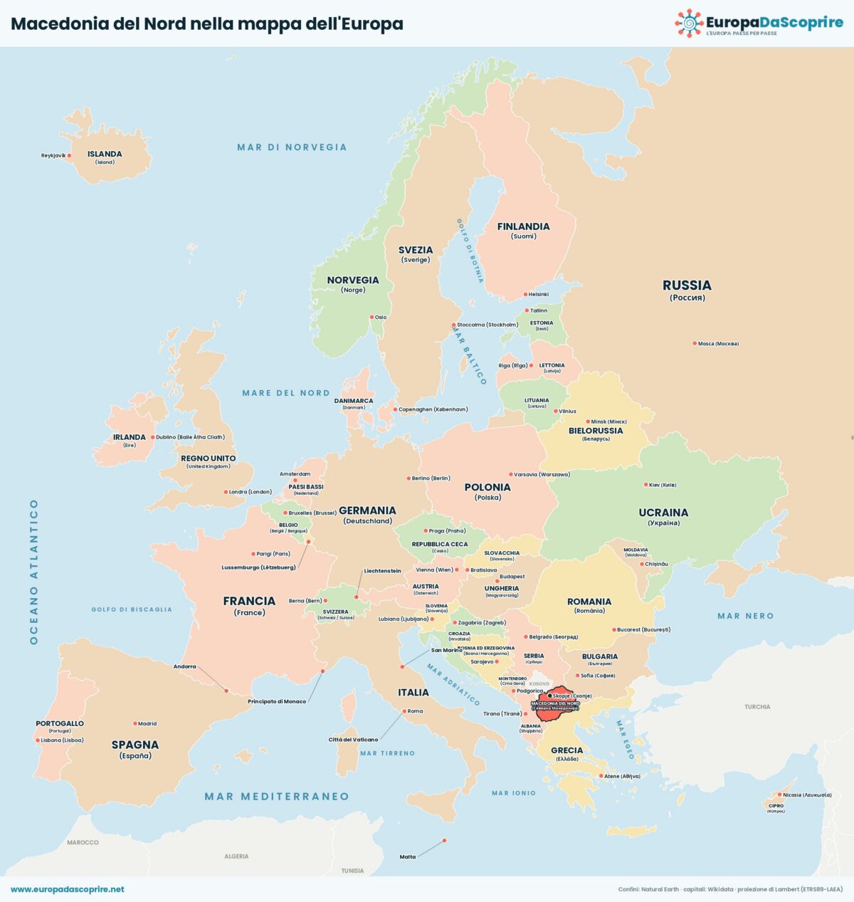 Macedonia del Nord nella mappa politica dell'Europa: posizione, confini e stati vicini con le capitali