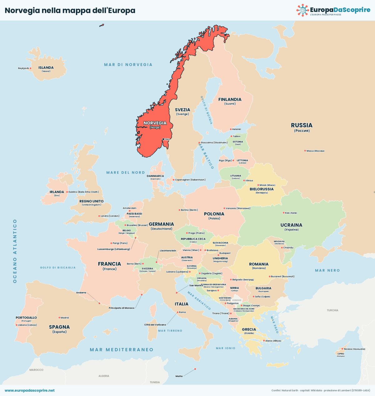 Norvegia nella mappa politica dell'Europa: posizione, confini e stati vicini con le capitali