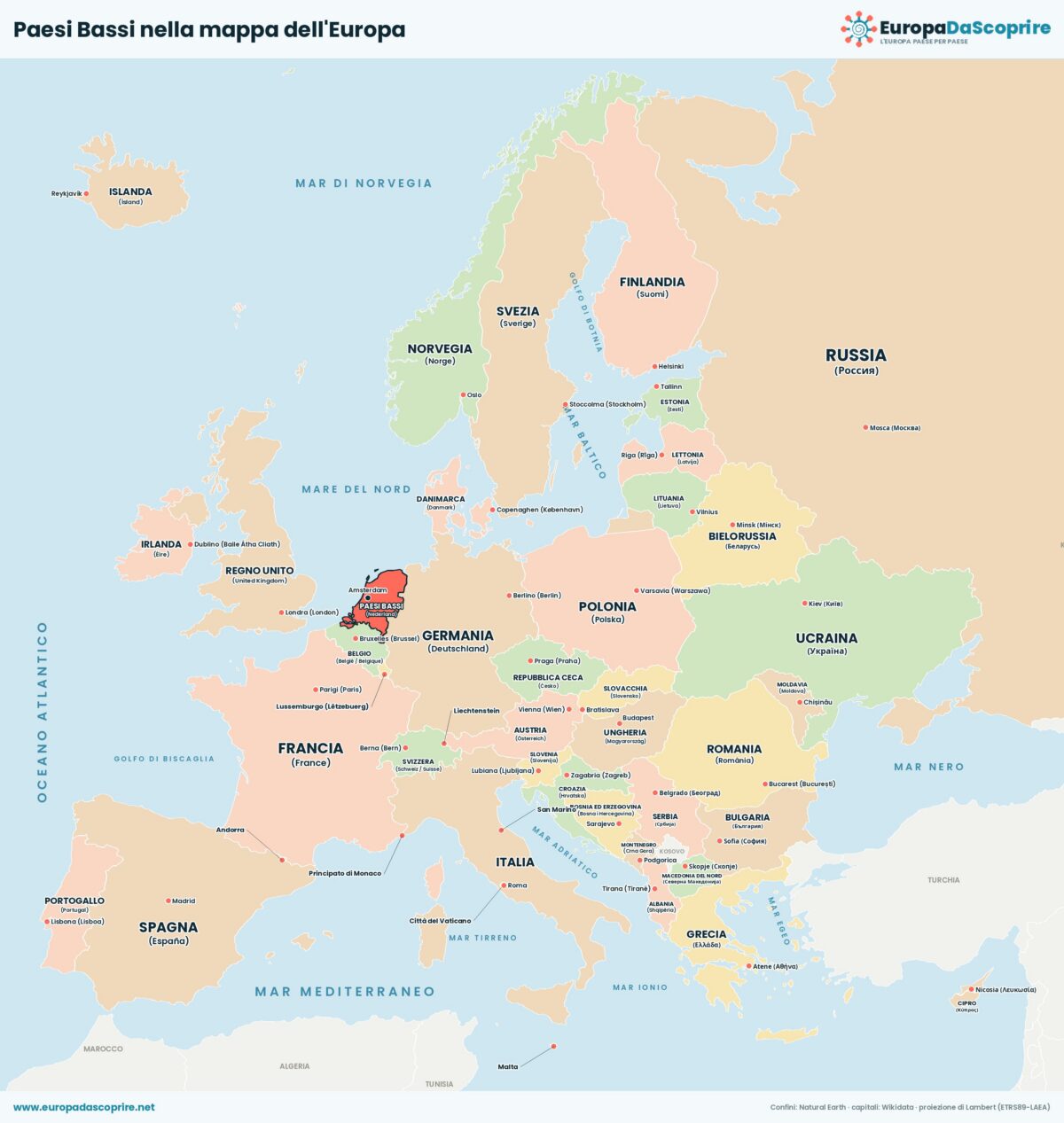 Paesi Bassi nella mappa politica dell'Europa: posizione, confini e stati vicini con le capitali