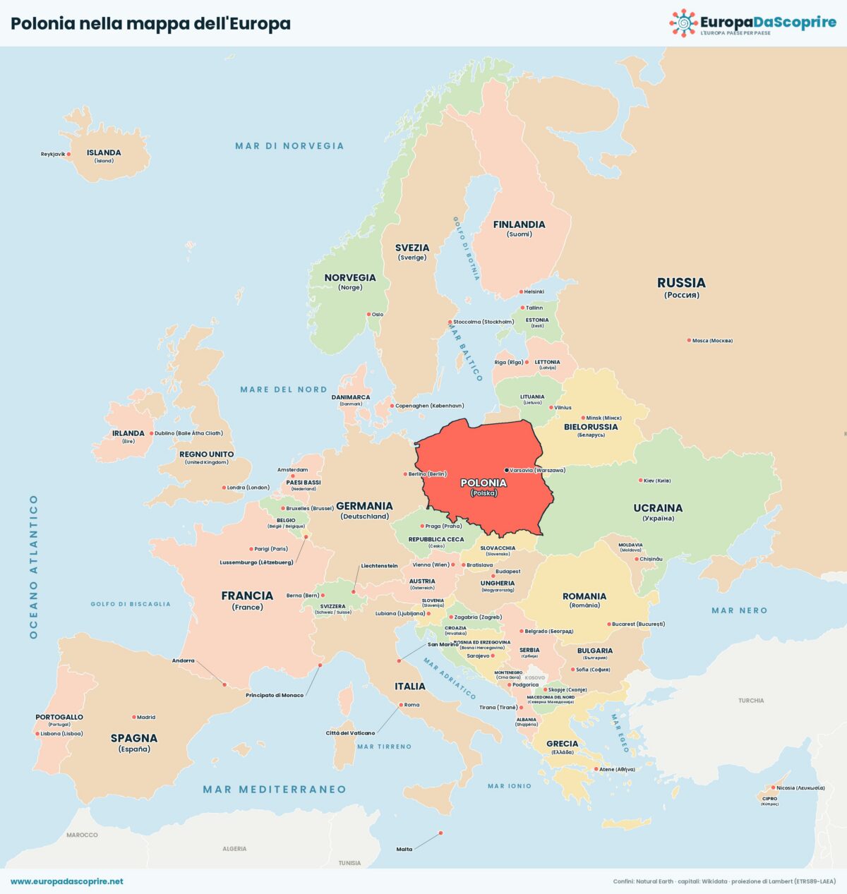 Polonia nella mappa politica dell'Europa: posizione, confini e stati vicini con le capitali