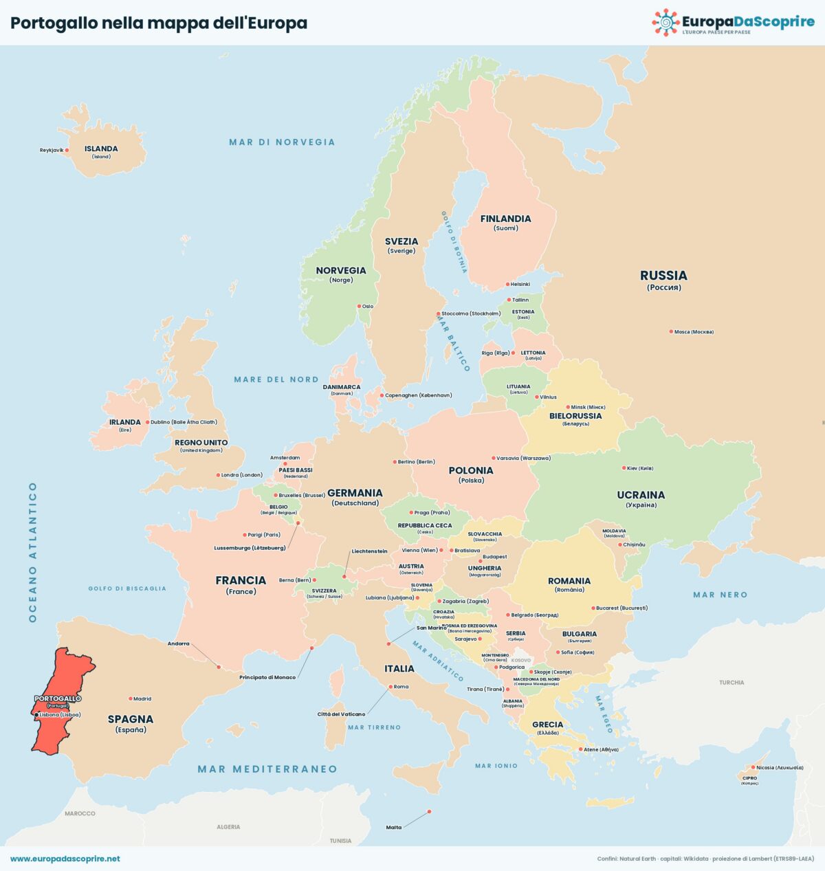 Portogallo nella mappa politica dell'Europa: posizione, confini e stati vicini con le capitali