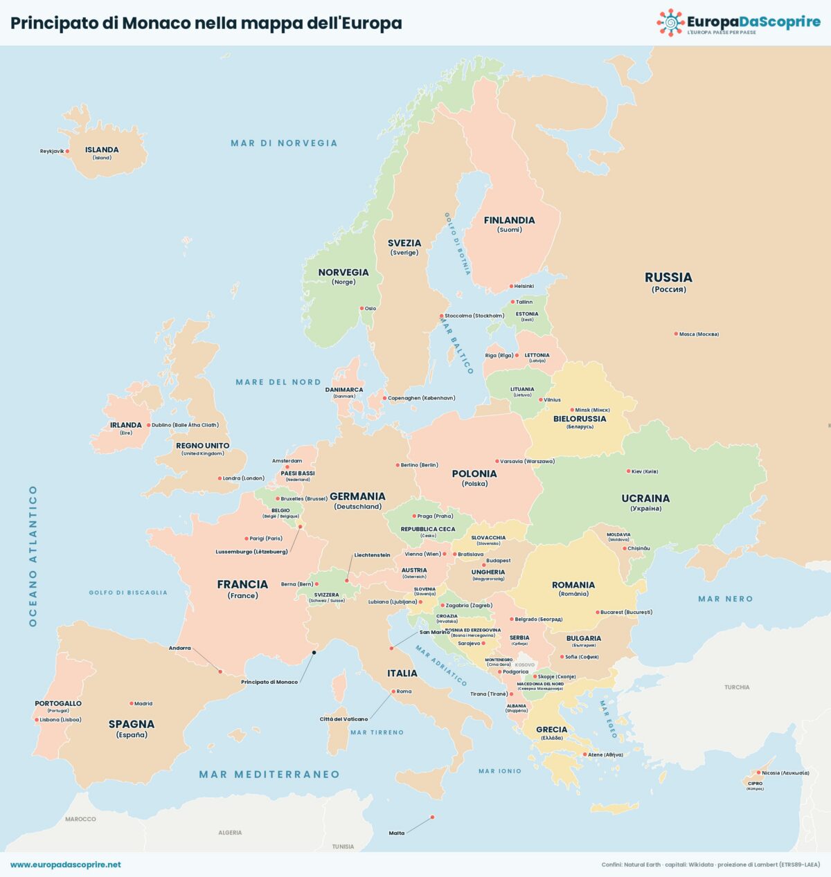 Principato di Monaco nella mappa politica dell'Europa: posizione, confini e stati vicini con le capitali
