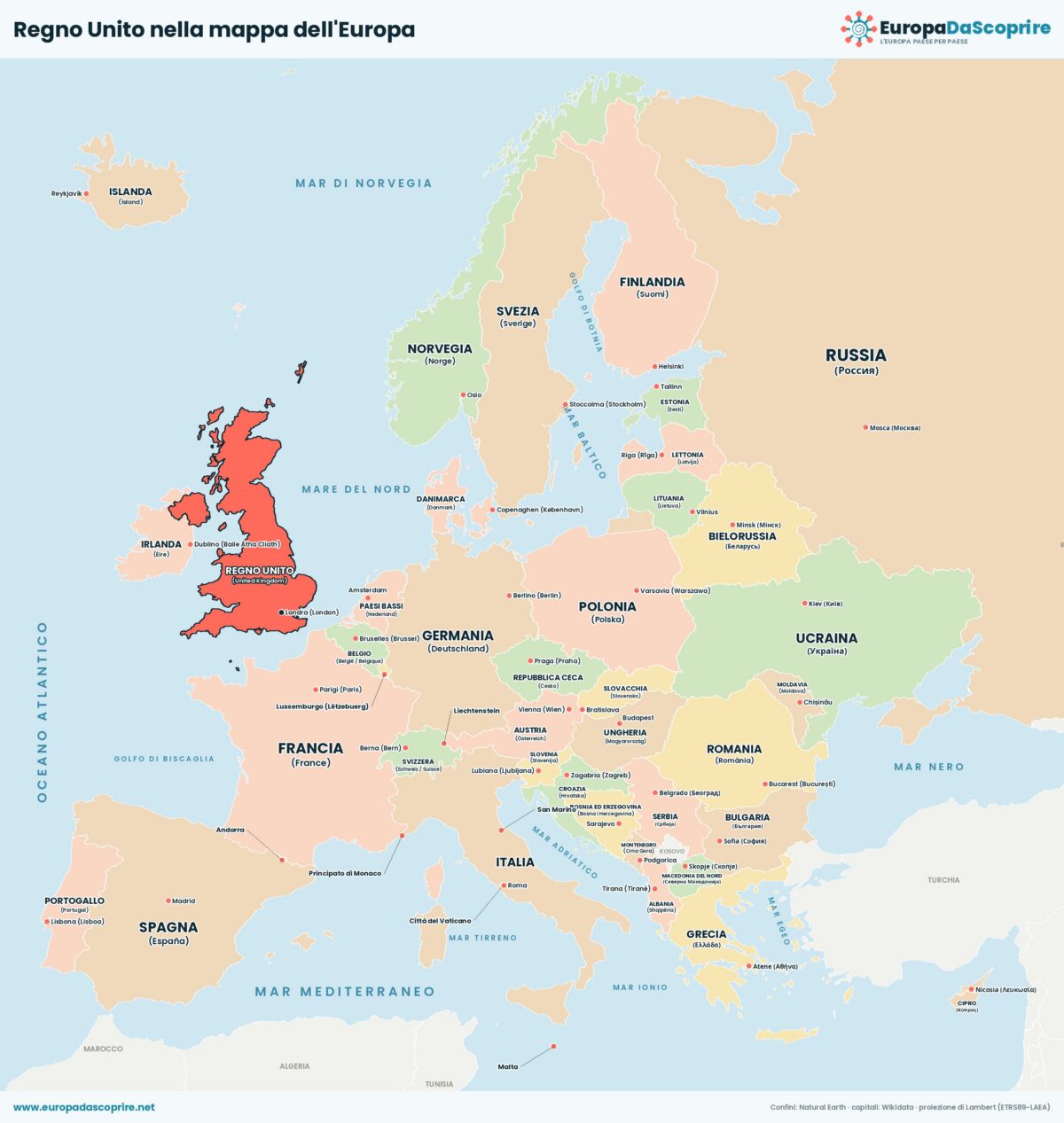 Regno Unito nella mappa politica dell'Europa: posizione, confini e stati vicini con le capitali
