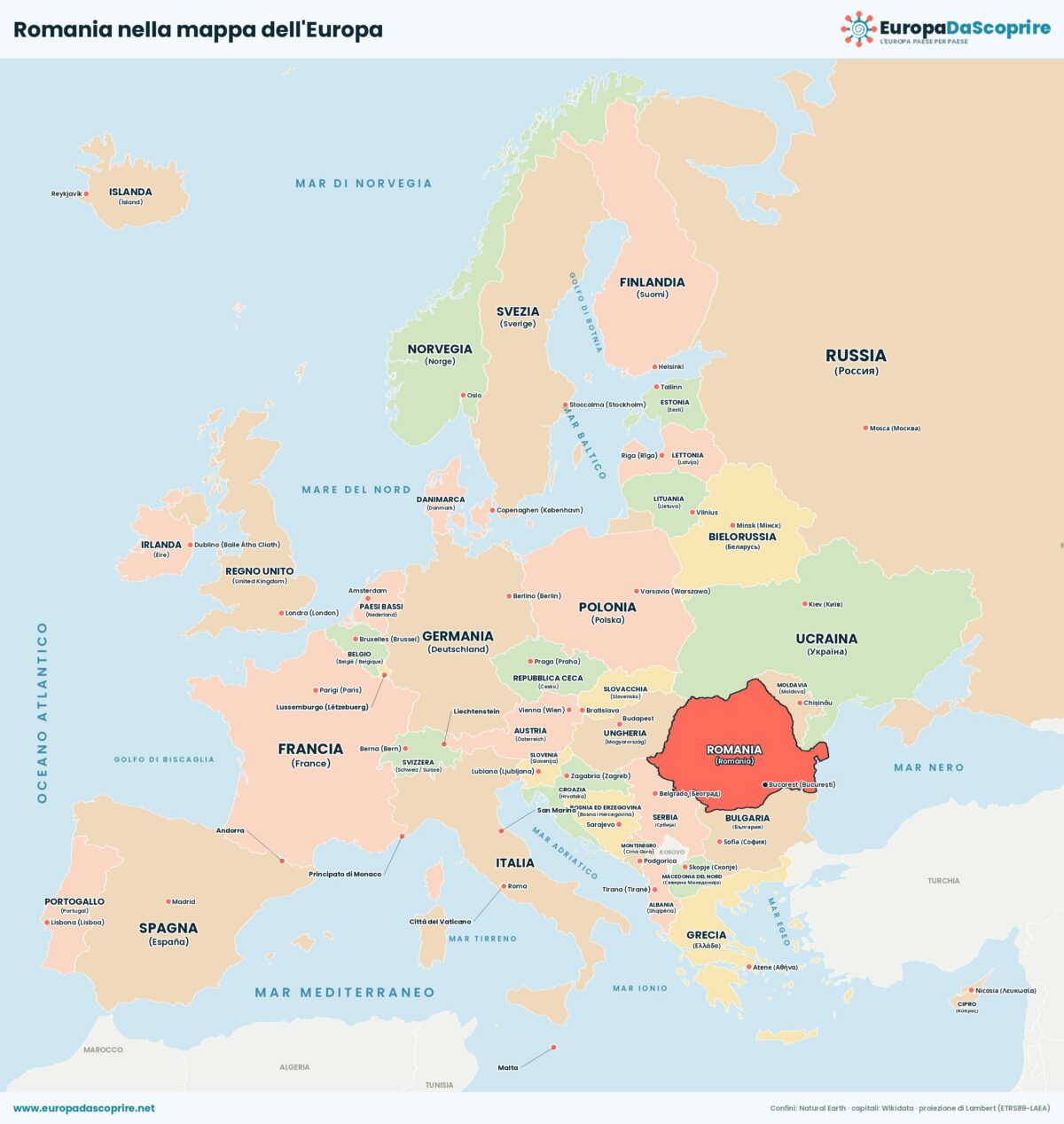 Romania nella mappa politica dell'Europa: posizione, confini e stati vicini con le capitali