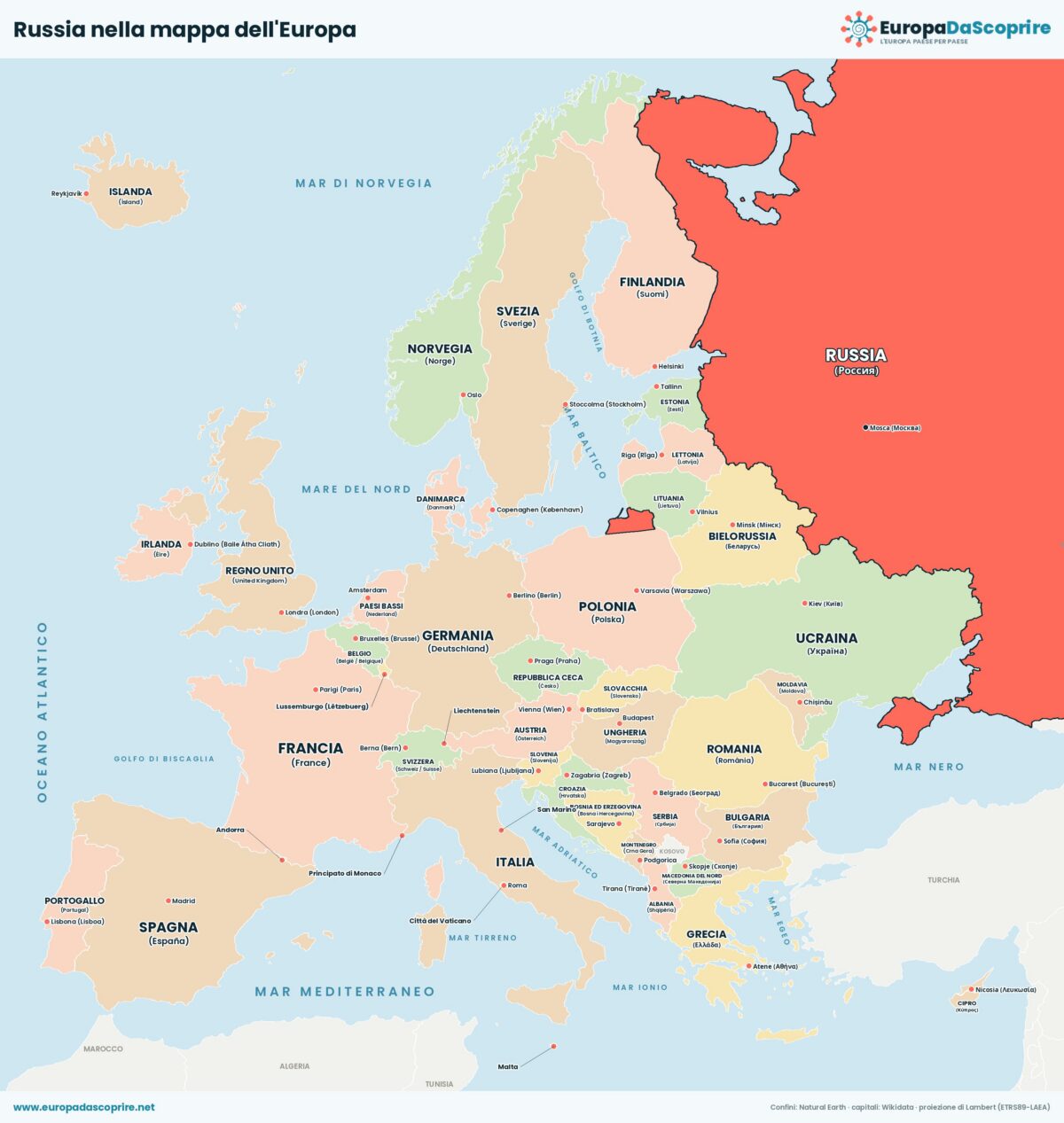Russia nella mappa politica dell'Europa: posizione, confini e stati vicini con le capitali