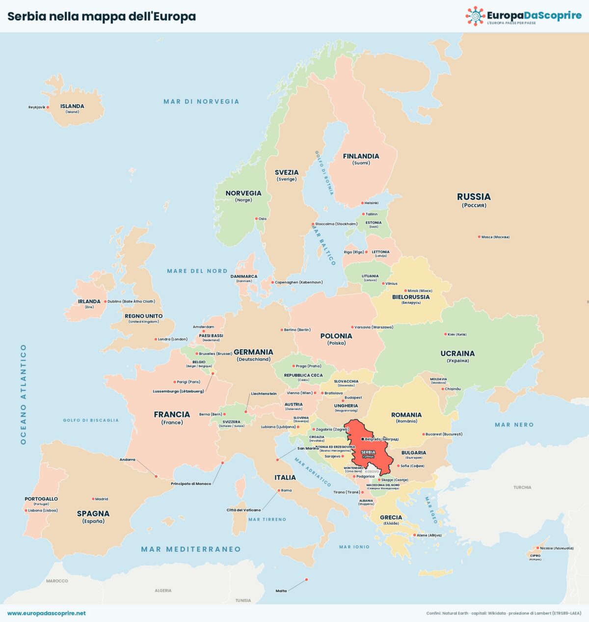 Serbia nella mappa politica dell'Europa: posizione, confini e stati vicini con le capitali