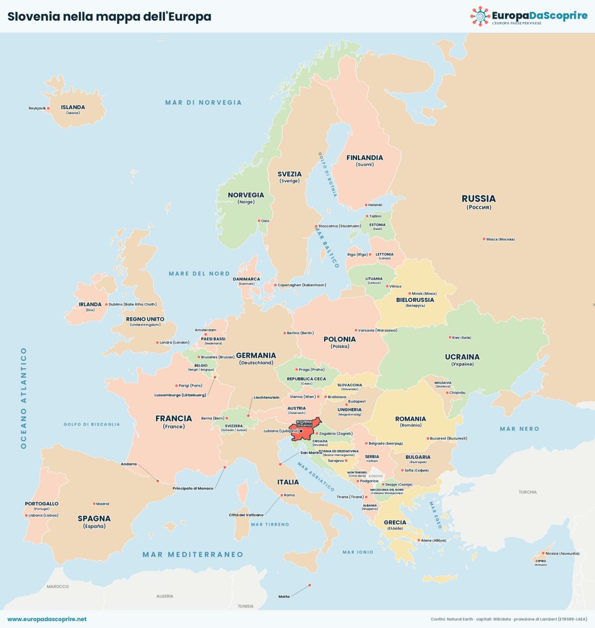 Slovenia nella mappa politica dell'Europa: posizione, confini e stati vicini con le capitali