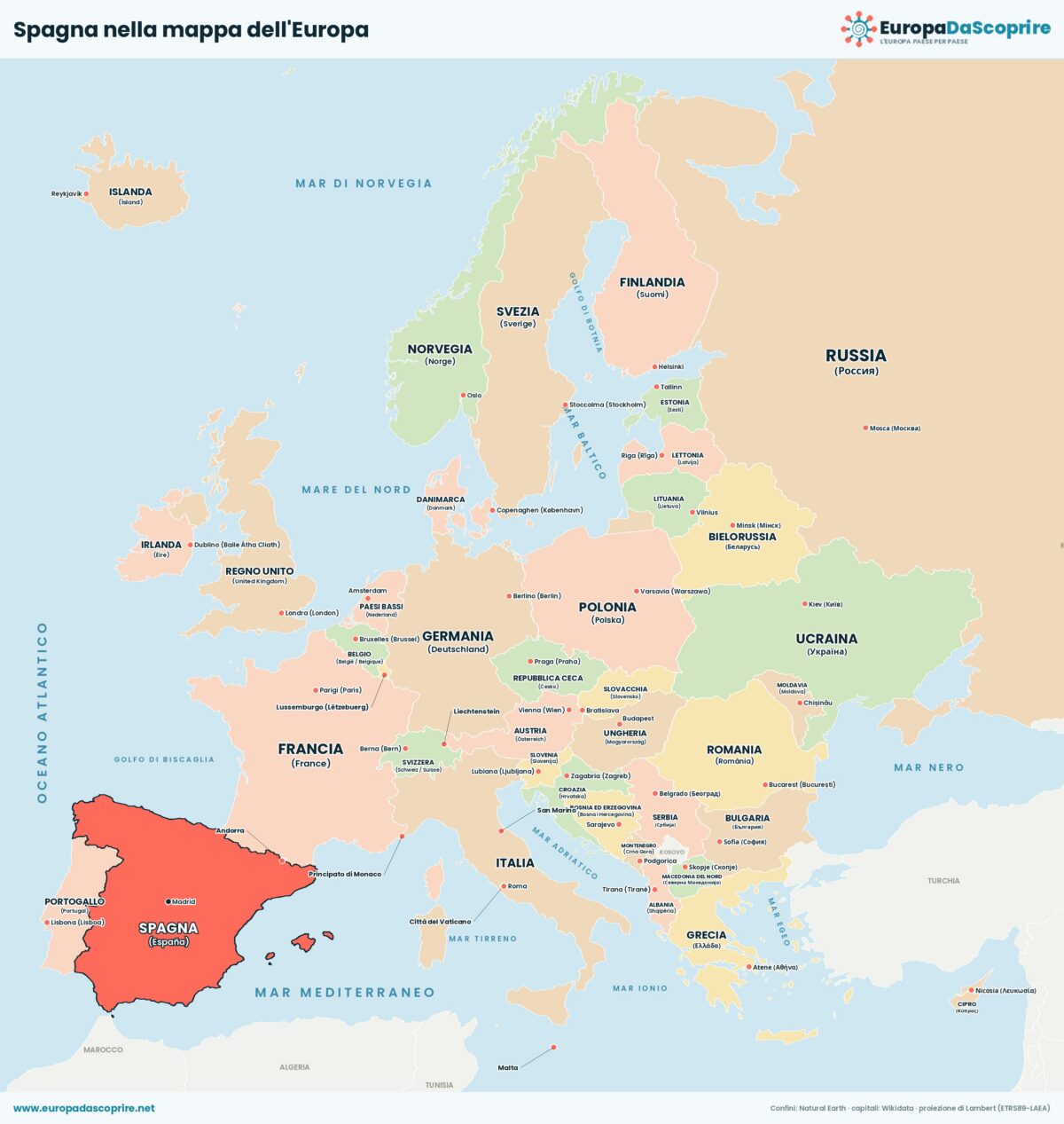 Spagna nella mappa politica dell'Europa: posizione, confini e stati vicini con le capitali