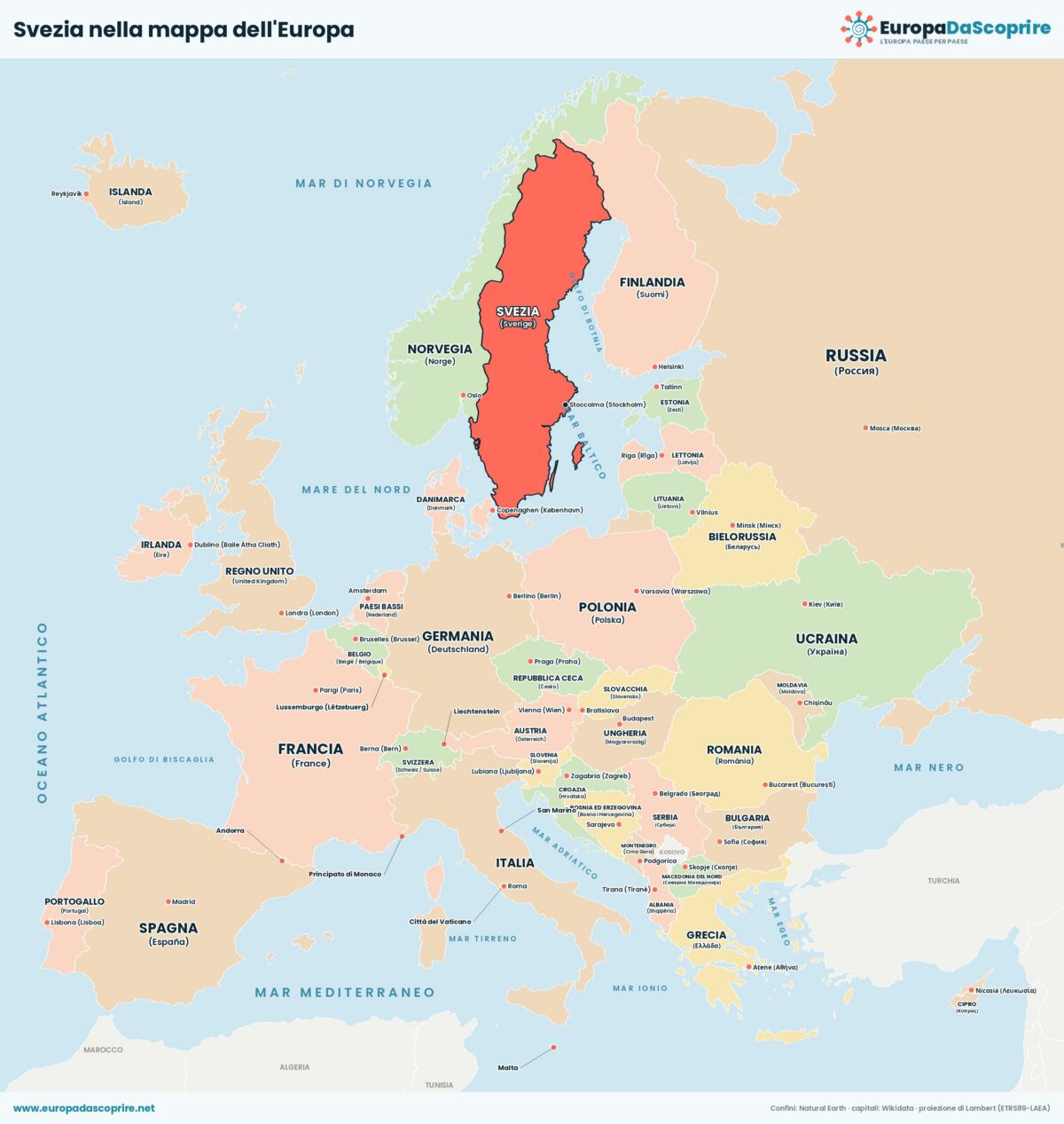 Svezia nella mappa politica dell'Europa: posizione, confini e stati vicini con le capitali