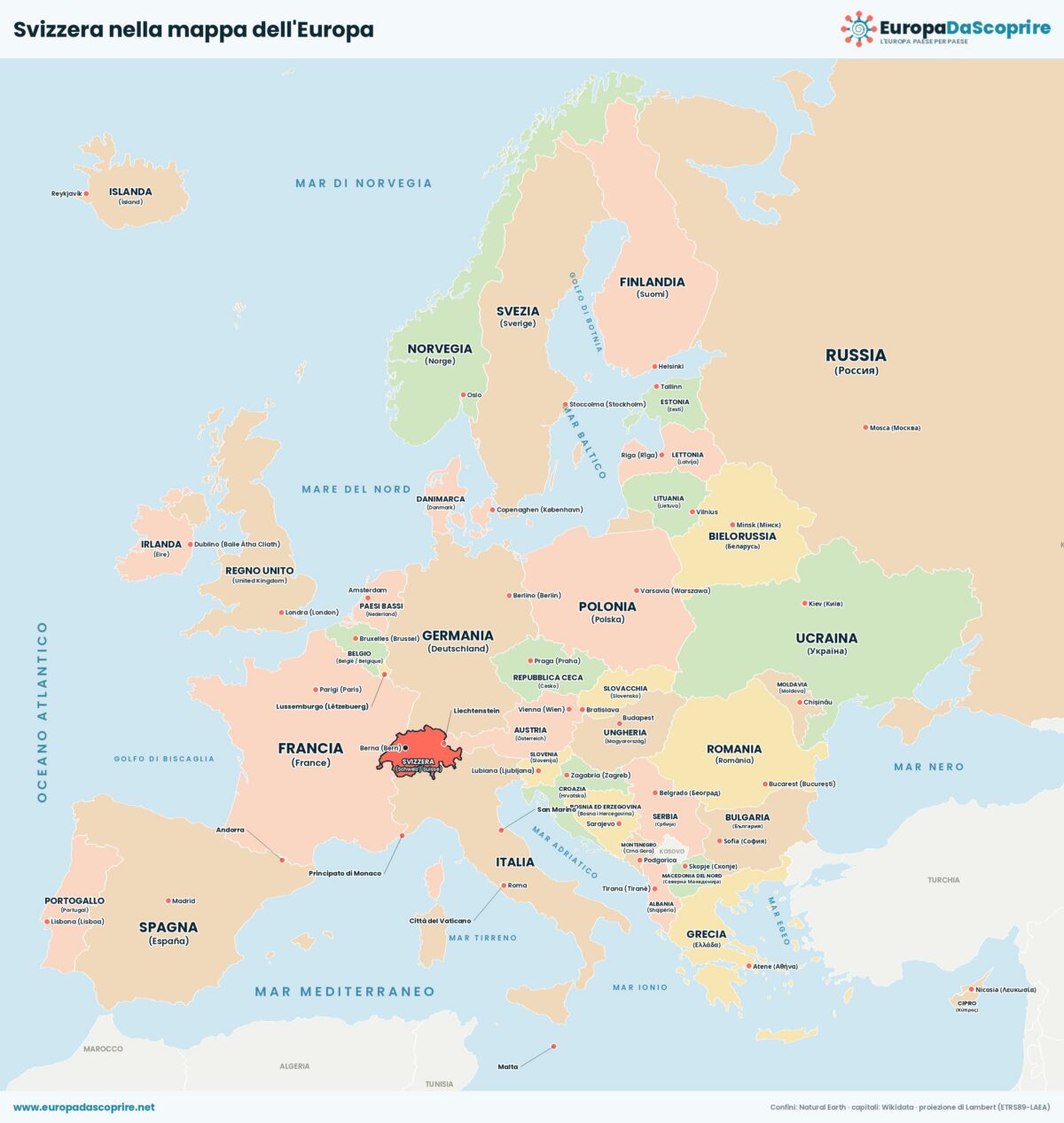 Svizzera nella mappa politica dell'Europa: posizione, confini e stati vicini con le capitali