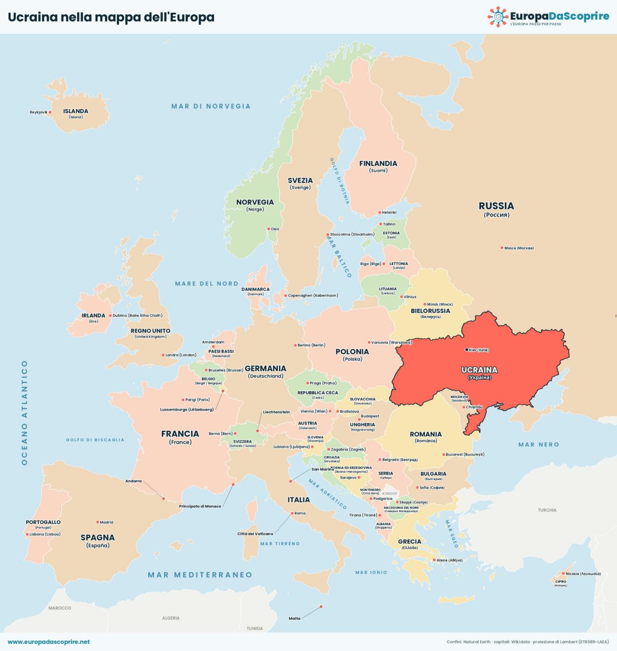 Ucraina nella mappa politica dell'Europa: posizione, confini e stati vicini con le capitali