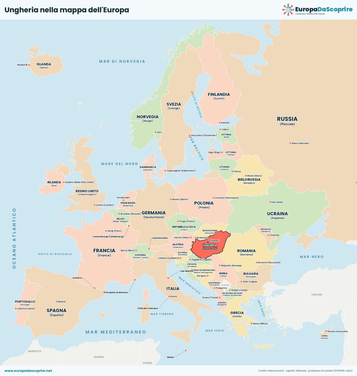 Ungheria nella mappa politica dell'Europa: posizione, confini e stati vicini con le capitali