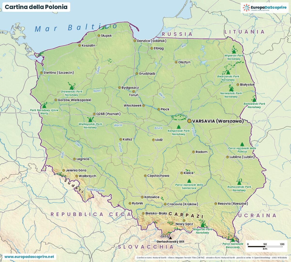 Cartina della Polonia con città, capitale, fiumi, laghi e rilievi
