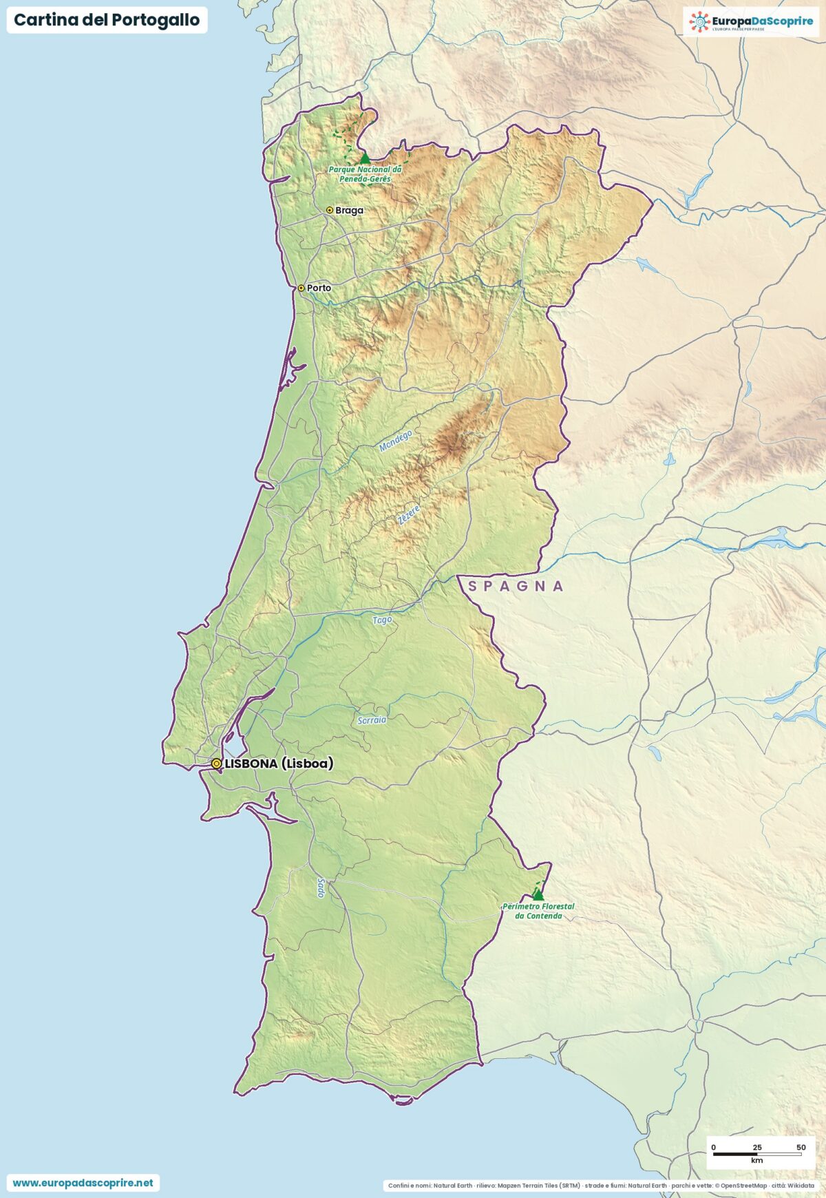 Cartina del Portogallo con città, capitale, fiumi, laghi e rilievi