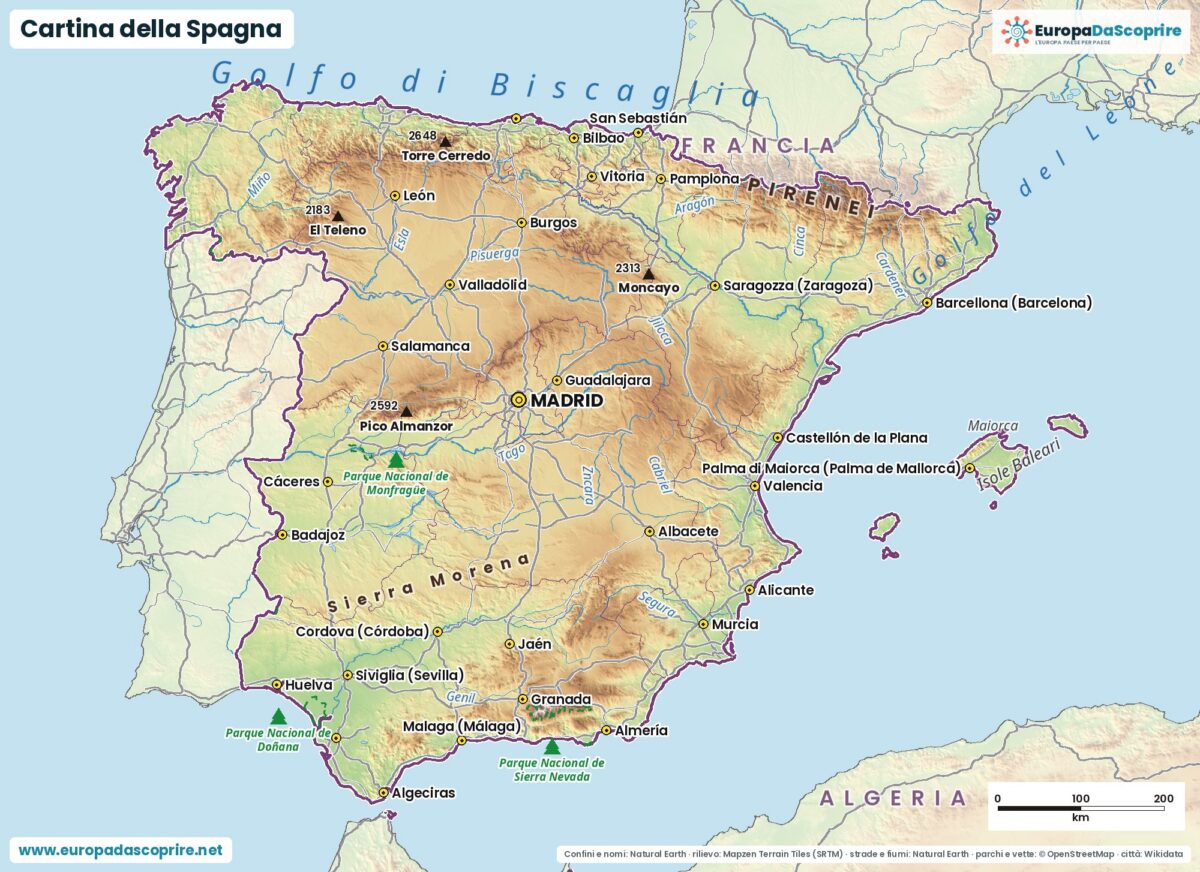 Cartina della Spagna con città, capitale, fiumi, laghi e rilievi