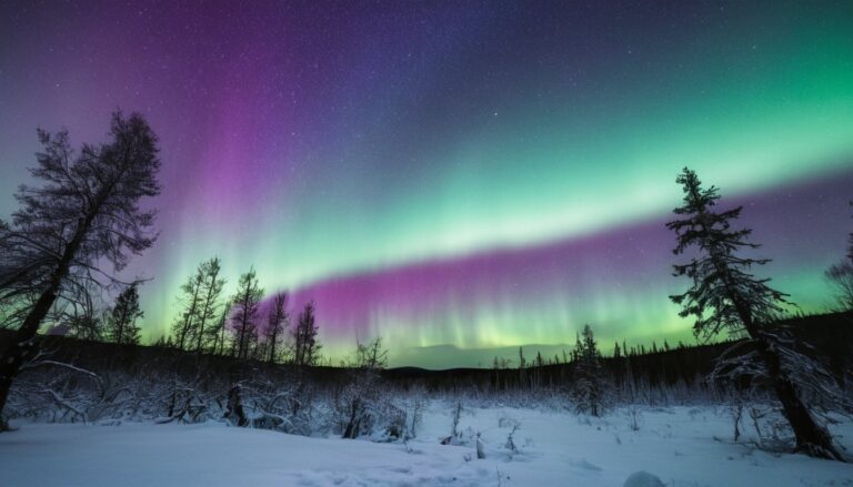 Aurora boreale verde e viola che danza nel cielo notturno invernale sopra paesaggio ghiacciato