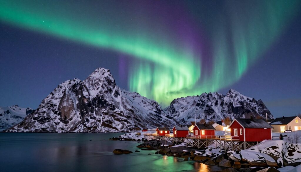 Aurora boreale verde e viola sopra le montagne innevate delle isole Lofoten, con le casette rosse dei pescatori sul fiordo