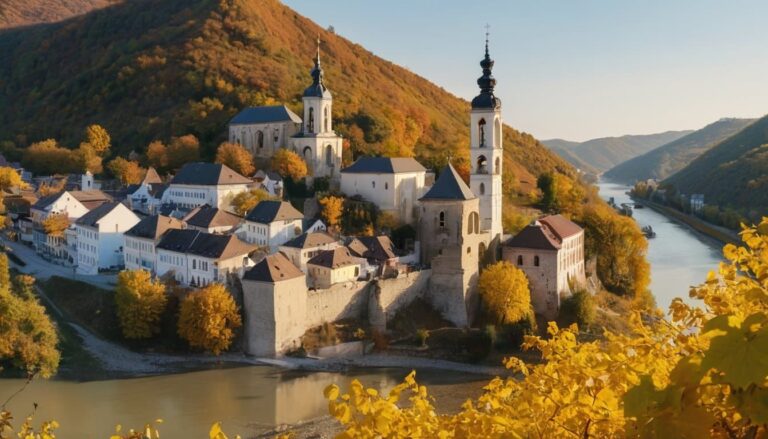Borgo sul Danubio in autunno con chiesa barocca, case antiche e boschi dorati (immagine generata con intelligenza artificiale)