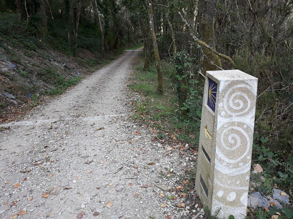 Cippo in pietra con la conchiglia del Cammino di Santiago lungo un sentiero del Cammino Primitivo in Galizia