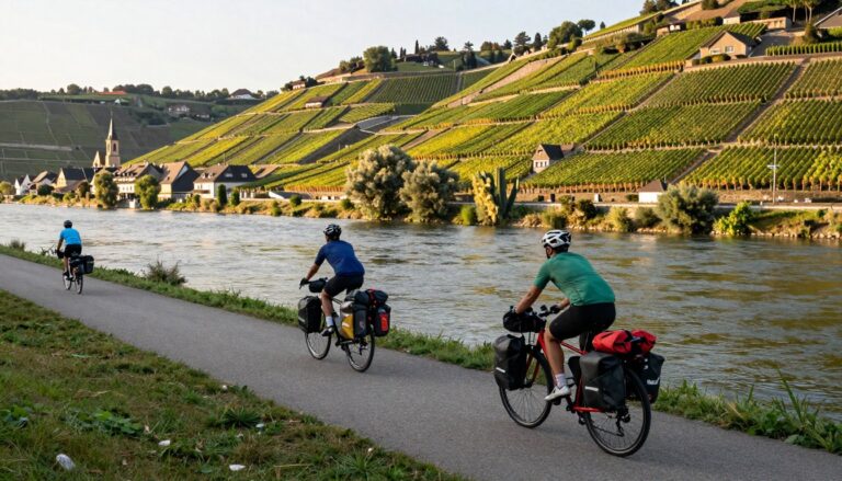 Cicloturisti con le borse su una ciclovia lungo un grande fiume, tra i vigneti